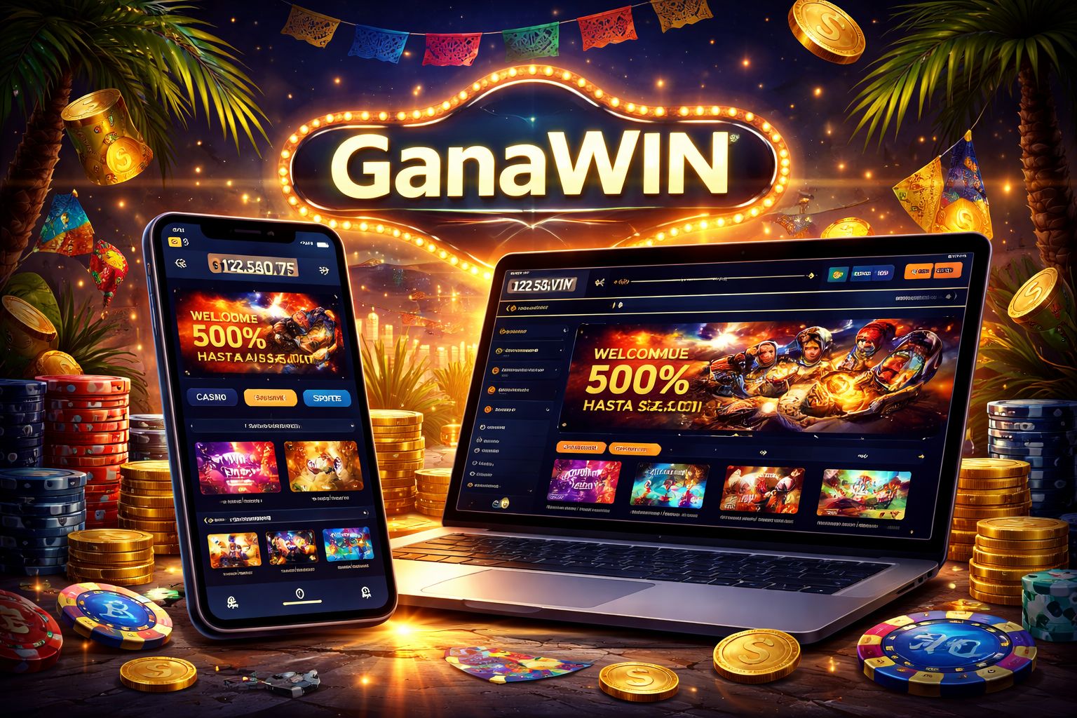 Lobby principal de GanaWIN Casino con mesas en vivo y tragamonedas para jugadores en México