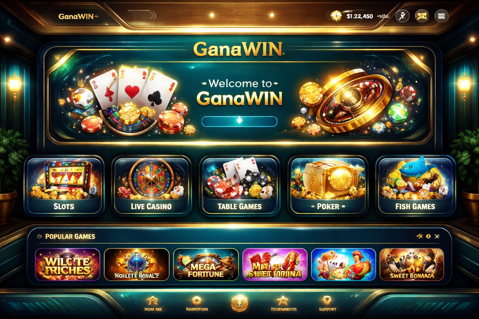 Panel de juegos de GanaWIN Casino con categorías organizadas y navegación fluida