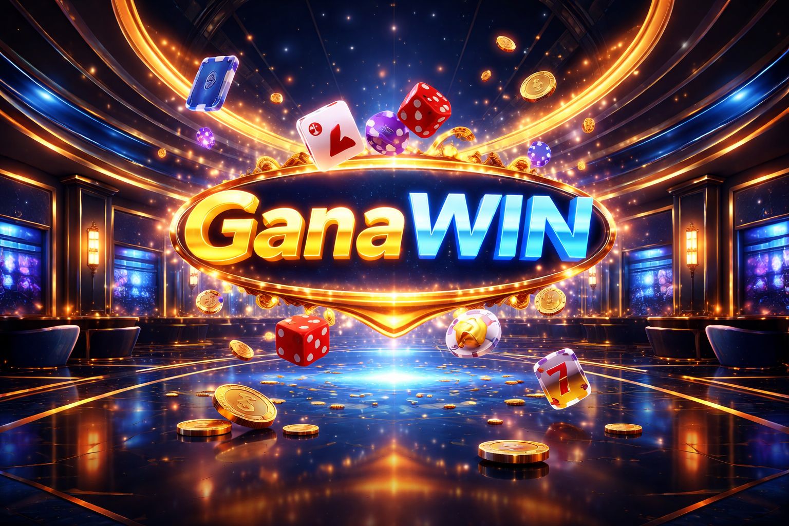 Ilustración dinámica estilo casino con señalización luminosa GanaWIN, cartas, fichas e íconos digitales de juegos en un entorno moderno.