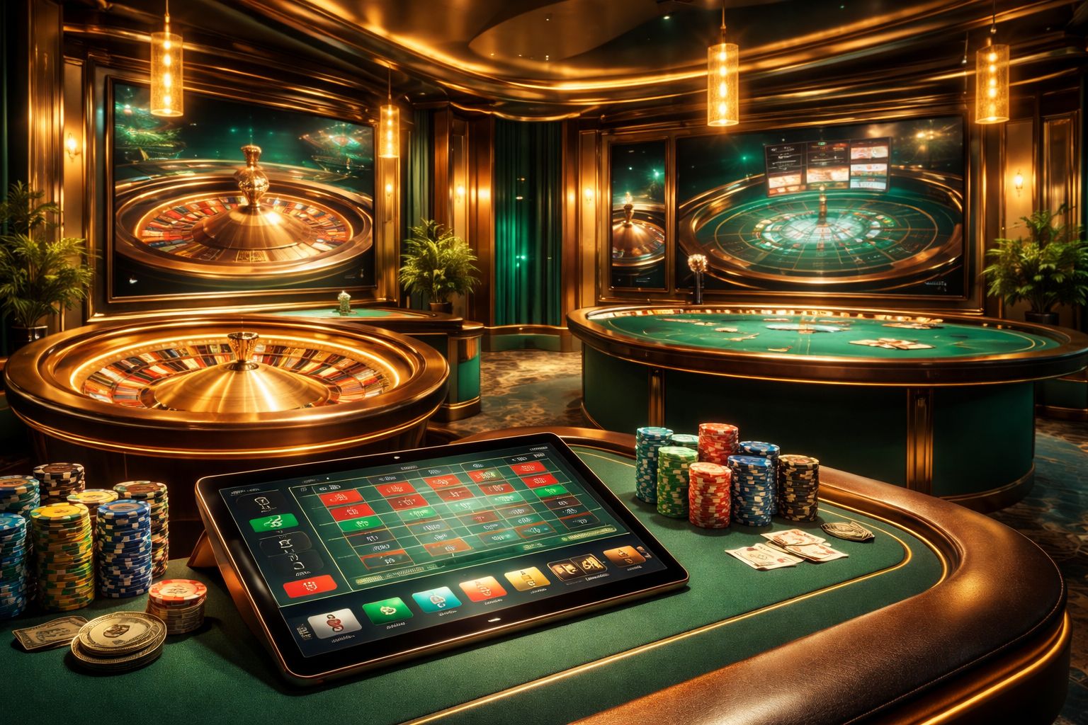 Escena moderna de estudio de casino en vivo en pantalla de tableta con mesas de ruleta y blackjack brillando en un entorno digital elegante.