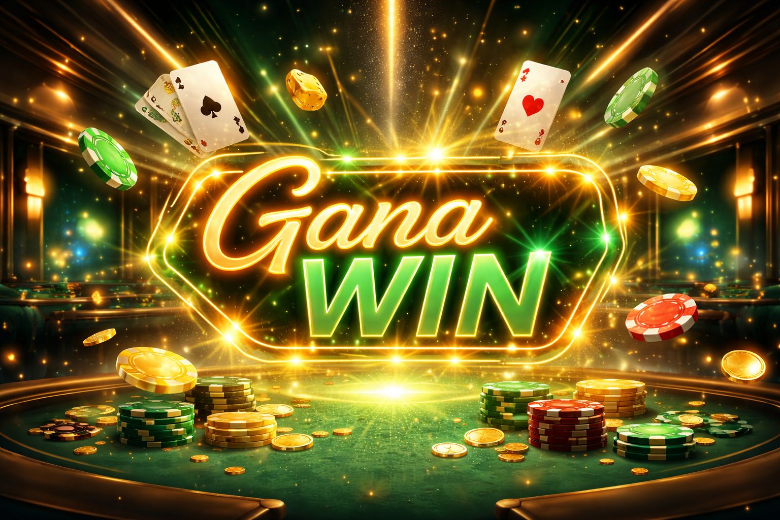 Escena vibrante de bienvenida digital de casino con GanaWIN mostrado prominentemente, fichas brillantes, cartas y elementos de juego en tonos dorados.