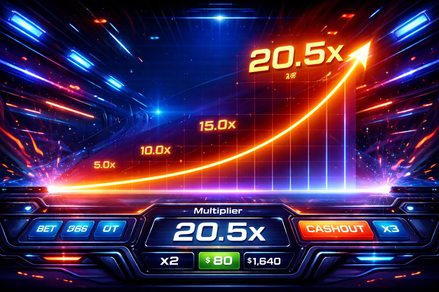 Interfaz de juego multiplicador de ritmo rápido con gráficos ascendentes y energía neón dramática en GanaWIN.
