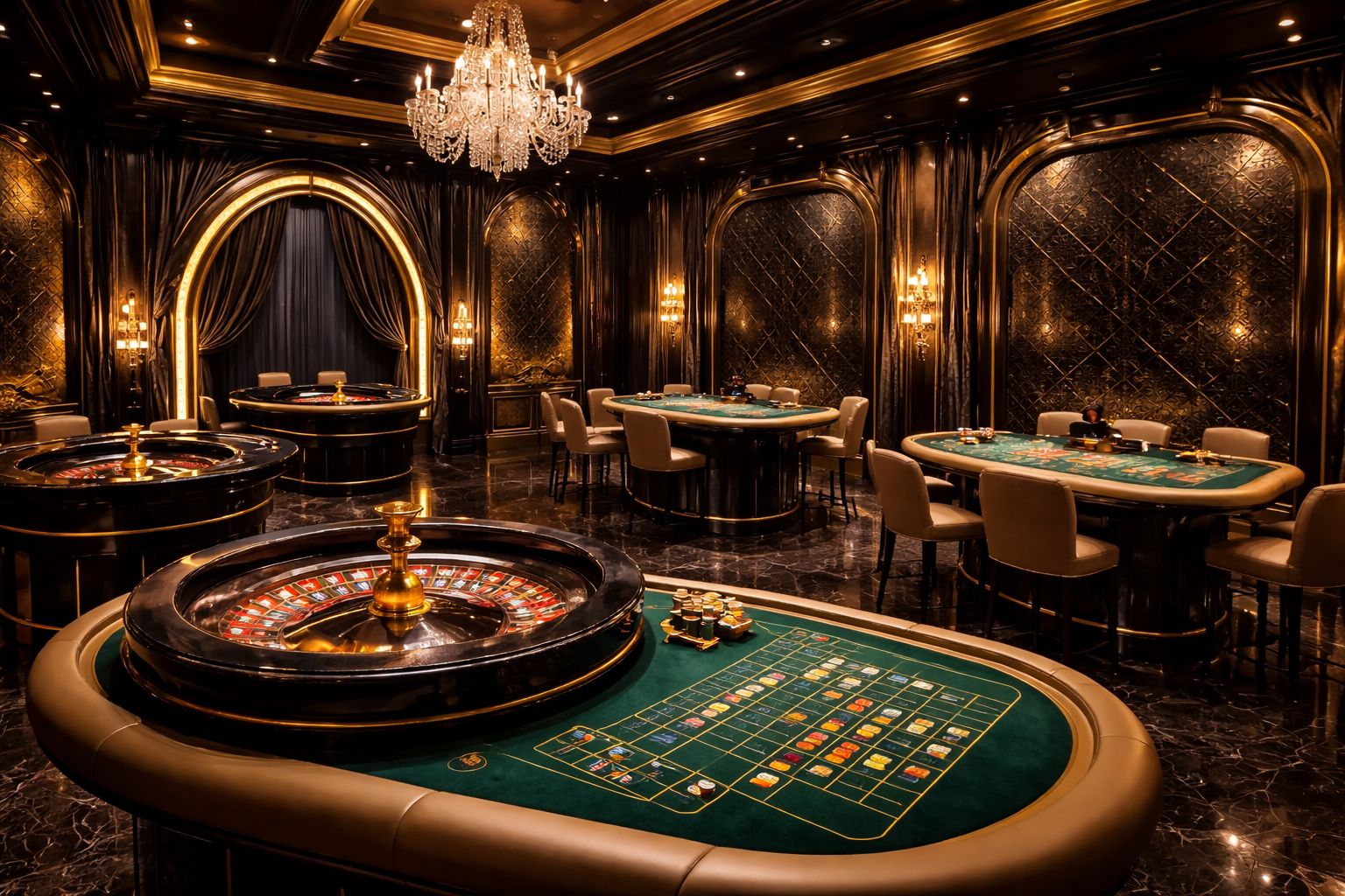 Escena elegante de estudio de casino en vivo con mesas de ruleta y blackjack presentadas en un entorno de transmisión pulido.