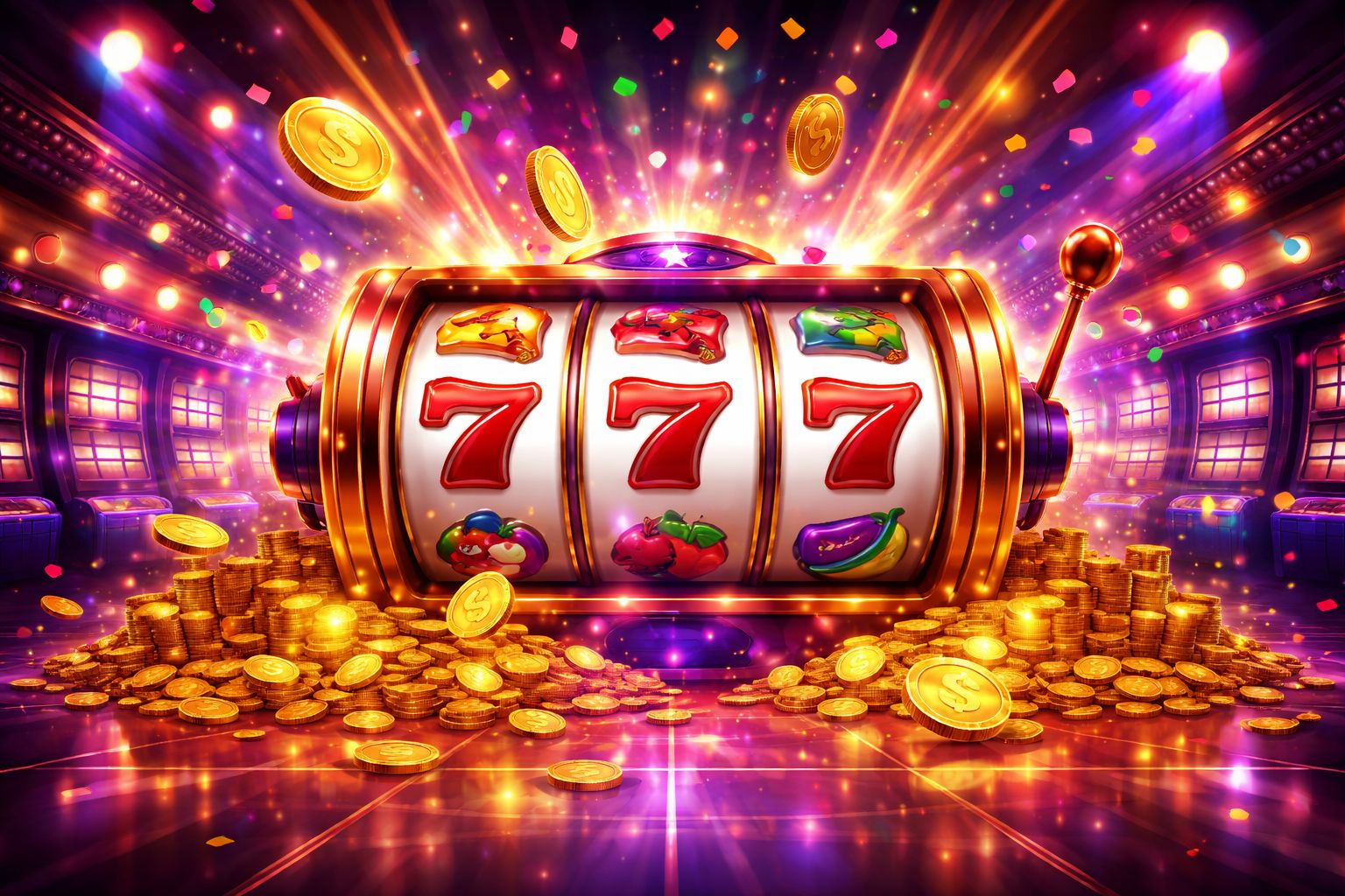 Escena colorida de tragamonedas en línea con carretes brillantes, efectos de monedas y un momento de victoria celebratorio en GanaWIN.